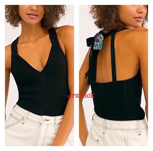NWT Woman’s Free People One Call Away Knit Tie Back Tank Top Black SZ L $58 - Picture 1 of 4