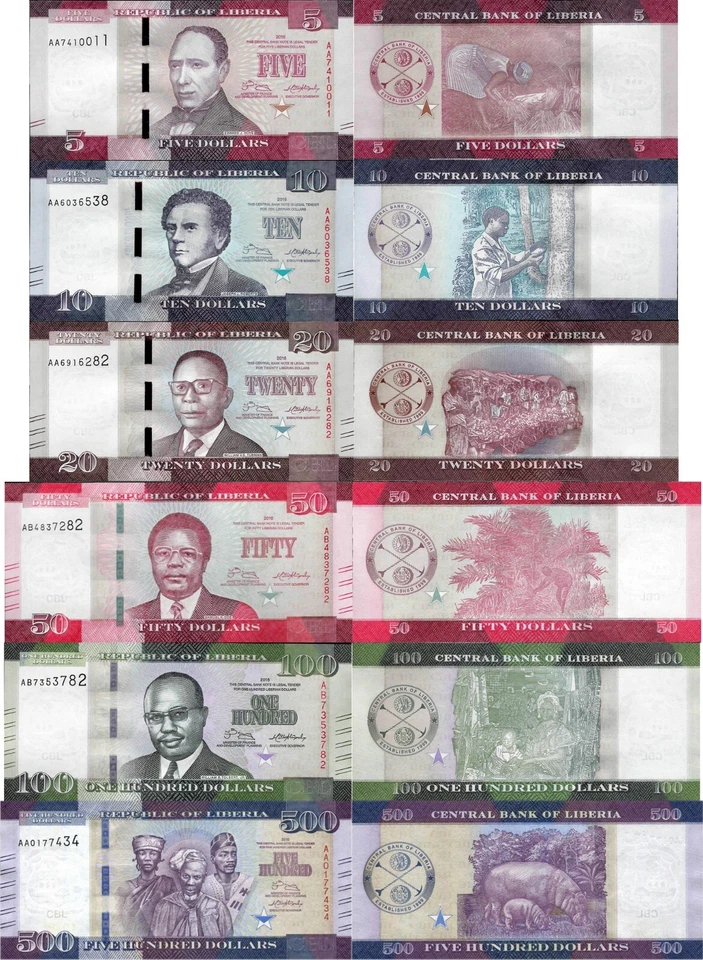Liberia 2016 Full set 6 pcs 5+10+20+50+100+500 dollars - Pick 31-36 UNC - Image 1 of 1