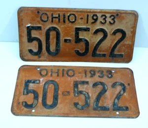 Matching Pair 1933 OHIO License Plate Tags 50-522 Depression Era Automobile Car - Picture 1 of 5