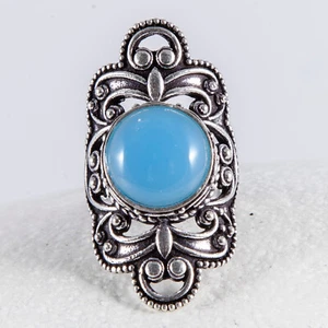 Silber Ring, 925 Sterlingsilber, Chalcedon, Blau, reich verziert, Gr. 62 - Bild 1 von 4