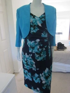 Jacques Vert Stunning Occasion Dress/Jacket Size 12/14 Navy Blue Floral MOB - Picture 1 of 15