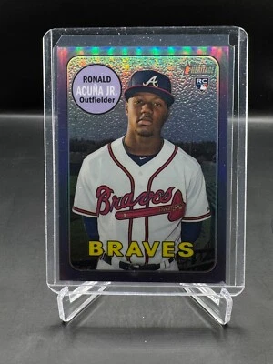 2018 TOPPS HERITAGE!  RONALD ACUNA JR!  RC!  PURPLE REFRACTOR!  ATLANTA BRAVES! - Image 1 of 2