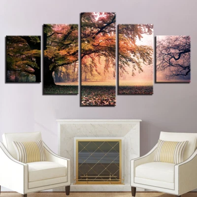 Autumn Big Trees Forest Sunrise Canvas Prints Painting Wall Art Home Decor 5PCS - Image 1 of 3