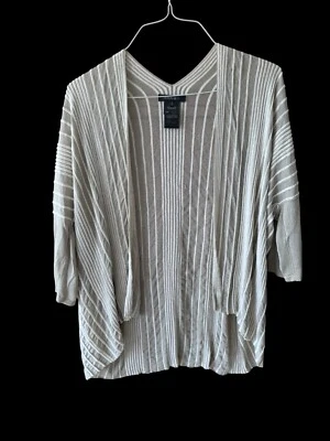 Lafayette 148 White Beige Ribbed Knit Long Cardigan Jacket Top 3/4 Sleeved - Image 1 of 4