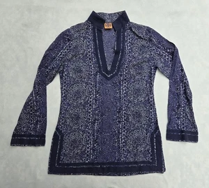 Tory Burch Tunic Womens Size 8 Blue White Long Sleeve Boho Patterned Top Blouse - Picture 1 of 11