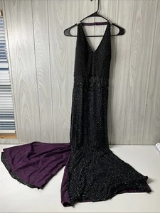Vintage 90s Y2K BEADS Prom Dress Black Vampy Goth Silk Beaded Halter, Side Slit - Picture 1 of 24