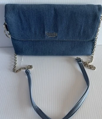 NOVA Bolsa de Mão Guess Transversal Azul Denim Tiracolo Corrente Prata Alça de Ombro - Imagem 1 de 4