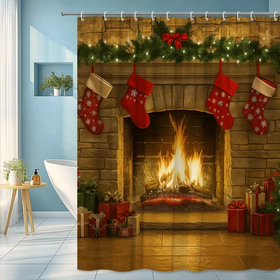 Fireplace Stockings Christmas Tree Cozy Warm Holiday Home Decor Winter Curtain - Image 1 of 4