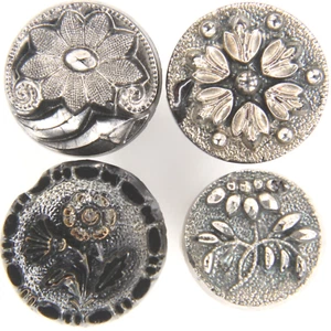 C1870-90s Antique Victorian Floral Silver Luster Black Glass Flower Button LOT 4 - Picture 1 of 3