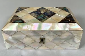 Antique English Mother Of Pearl Abalone Shell Jewelry Trinket Desk Box 19th C #2 - Picture 1 of 11