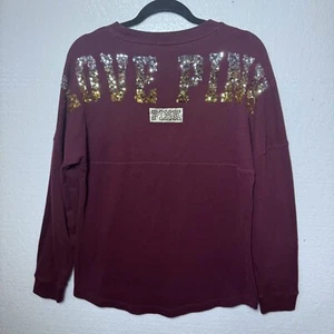 PINK Victoria's Secret Sz Medium Burgundy Sequin Logo Pullover Sweatshirt Bling - Picture 1 of 8