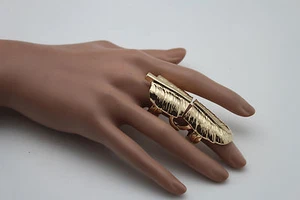 New Women Gold Metal Ring Long Leaf Fashion Jewelry Long Finger Size Band 7.5 - Picture 1 of 12