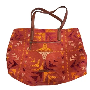Lucky Brand Womens Red Orange Aztec Printed Tote Bag Zip Boho Western Southwest - Picture 1 of 15