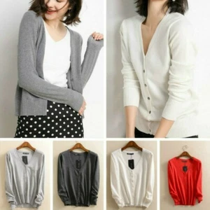Women Button Ribbed Knit Cardigan Solid V-Neck Sweater Coat Long Sleeve Soft - Picture 1 of 21