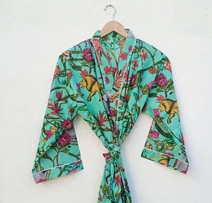Indian Green Animal Printed Kimono Bath Robe Night Maxi Gown Cotton Kimono Robe - Picture 1 of 3
