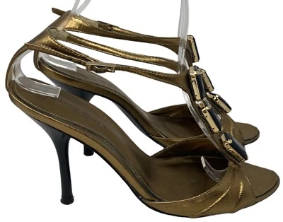 Женские золотистые кожаные туфли на высоких каблуках с драгоценностями Karen Millen размер 6 с Т-образным ремешком 37 ЕС - Изображение 1 из 4