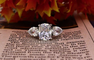 Three Stone Moissanite Engagement Ring Unique Cushion & Pear Cut Ring For Women - Picture 1 of 6