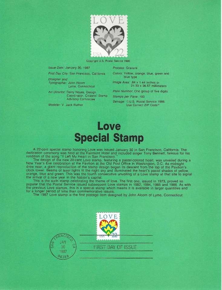 US Scott#SP762 (2248) 22c Love single Souvenir Pages NH 1987 - Image 1 of 1