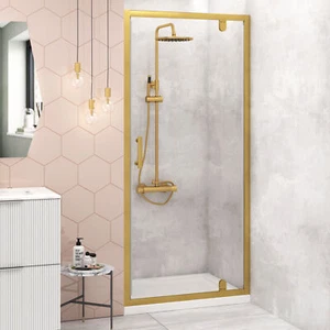 Brushed Brass Pivot Shower Door 900mm - 1000mm - 6mm Glass Screen - Picture 1 of 18