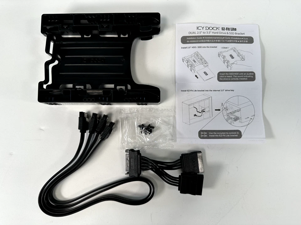 ICY DOCK Dual 2.5" to 3.5" Hard Drive / SSD Bracket w/SATA cables! MB290SP-1B - Image 1 of 4