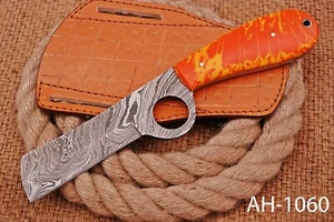 HAND FORGED DAMASCUS STEEL BULL CUTTER/COWBOY KNIFE  & RISEN HANDLE AH-1060 - Picture 1 of 5