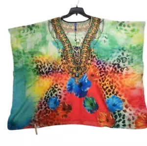 White Mark Women's Short Caftan with Tie-Up Neckline Multi, One Size M912 - Picture 1 of 5