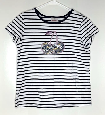 Hanna Andersson Girls 150 12 short sleeve tee top shirt Striped Cherry Applique - Image 1 of 4
