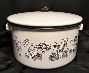 Large Vintage Black & White Graphic Cera-Met Enamelware 10.5" Lidded Pot - Picture 1 of 12