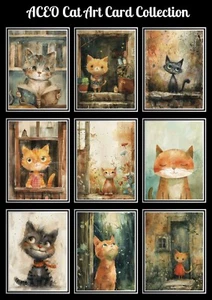 9 Pcs PRINT ACEO Art Card Colorful Cats Playful Funny Kittens Home Pet Animal - Picture 1 of 10