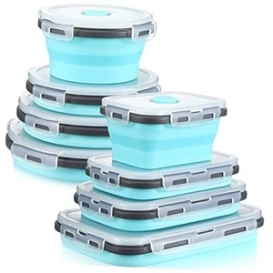 8 Pieces Collapsible Food Storage Containers Foldable Silicone Lunch Blue - Picture 1 of 8