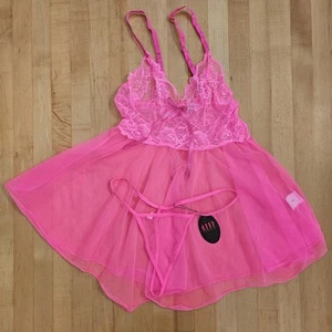 NWT Avid Love Hot Pink Sz Small Babydoll Nightgown Nightie 2 Piece - Picture 1 of 19