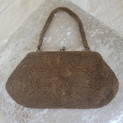 Vintage High End Delill Bronze Brown Beaded Satin Lined Evening Purse Bag - Image 1 of 4