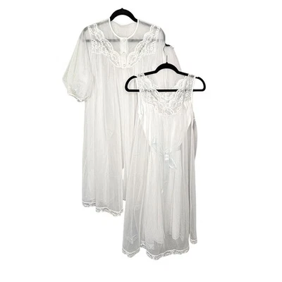 60s Shadowline 2 Piece Set Size S White Nylon Lace Trim Peignoir Nightgown NWT - Image 1 of 4