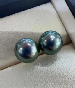 Pair 9-10mm genuine tahitian black pearl earring - Picture 1 of 2