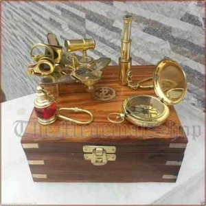 NAUTICAL BRASS GIFT SET VINTAGE MARITIME COMPASS/TELESCOPE/SEXTANT W/WOODEN BOX - Picture 1 of 4