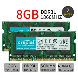 Crucial 16GB 2x 8GB DDR3L 1866MHz PC3L-14900S 1.35V SODIMM Laptop Memory RAM BT - Picture 1 of 7