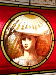 Antique Stained Glass Window Sun Solar Woman Flowing Blond Hair Hand Painted - Picture 1 of 22