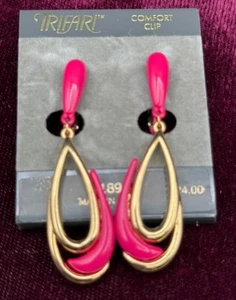VINTAGE TRIFARI *HOT PINK* EMAILLE OHRHÄNGER VERGOLDET DOPPELTE TROPFE - Bild 1 von 6