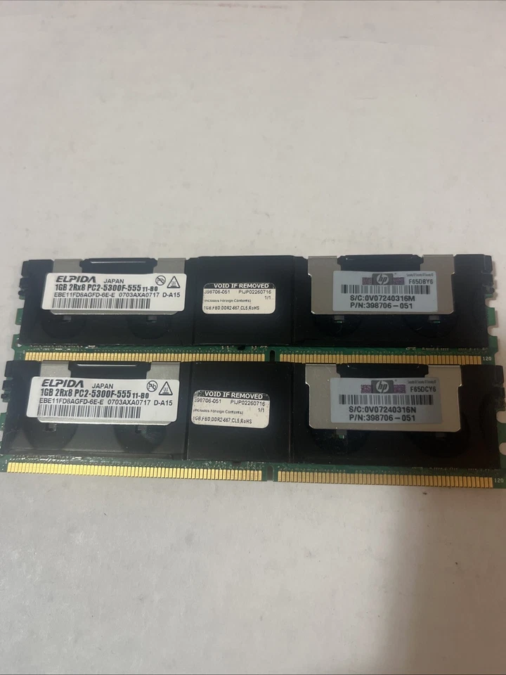LOT OF 2 1GB ELPIDA EBE11FD8AJFT-6E-E 2RX8 PC2-5300F-555(LOT OF 2) - Image 1 of 2