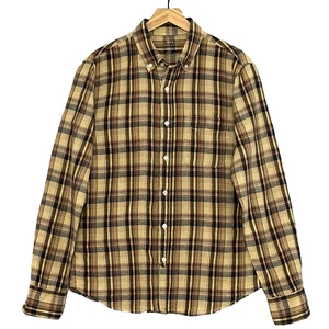 Save Khaki United Men Shirt M Brown Madras Plaid Linen Blend Button Down Classic - Picture 1 of 12