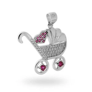 Ciondolo Culla Baby Bebè in Argento 925 e Zirconi nascita bambina neo mamma - Foto 1 di 5