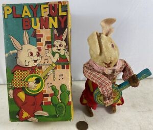 Vintage 1950's Wind-up SK Japan Playful Bunny Banjo Playing Bunny