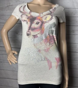 Aéropostale T-Shirt Small Heather Beige Deer Print Glitter V-Neck 100% Cotton - Picture 1 of 13