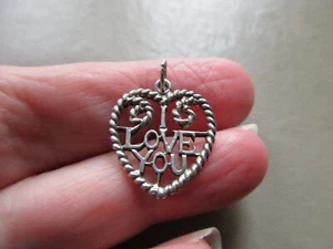 CIONDOLO CIONDOLO VINTAGE ARGENTO STERLING I LOVE YOU LUV CUORE AMANTI NODO CORDA FOB - Foto 1 di 2