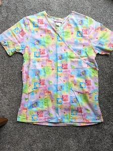 Cherokee Inspired Comfort Scrub Top Sm Pink With Multiple Color Heart Pattern - Picture 1 of 4
