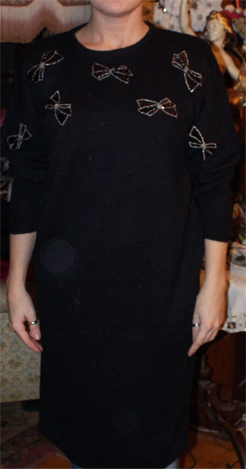 VESTIDO DARIAN VINTAGE AÑOS 80 NEGRO LENTEJUELAS LAZOS TROFEO CUERPO APRETADO SUÉTER Foto 1 de 1