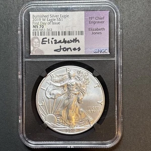 2019-W Burnished Silver Eagle NGC MS70 💫 FDOI Elizabeth Jones – Rare 🪙 - Picture 1 of 2