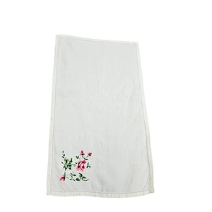 Vintage Embroidered Linen Tea Towel Cottagecore Floral Pink Green Roses - Picture 1 of 9