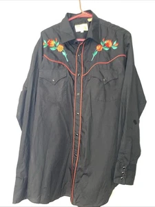 Vintage Embroidered Roses Western Shirt Crazy Cowboy Black Sz L Pearl Snap - Picture 1 of 4