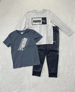 Puma Kids 3 Piece Set Boys Size 5 Blue Gray Shirt Pants Logo Outfit New - Picture 1 of 16